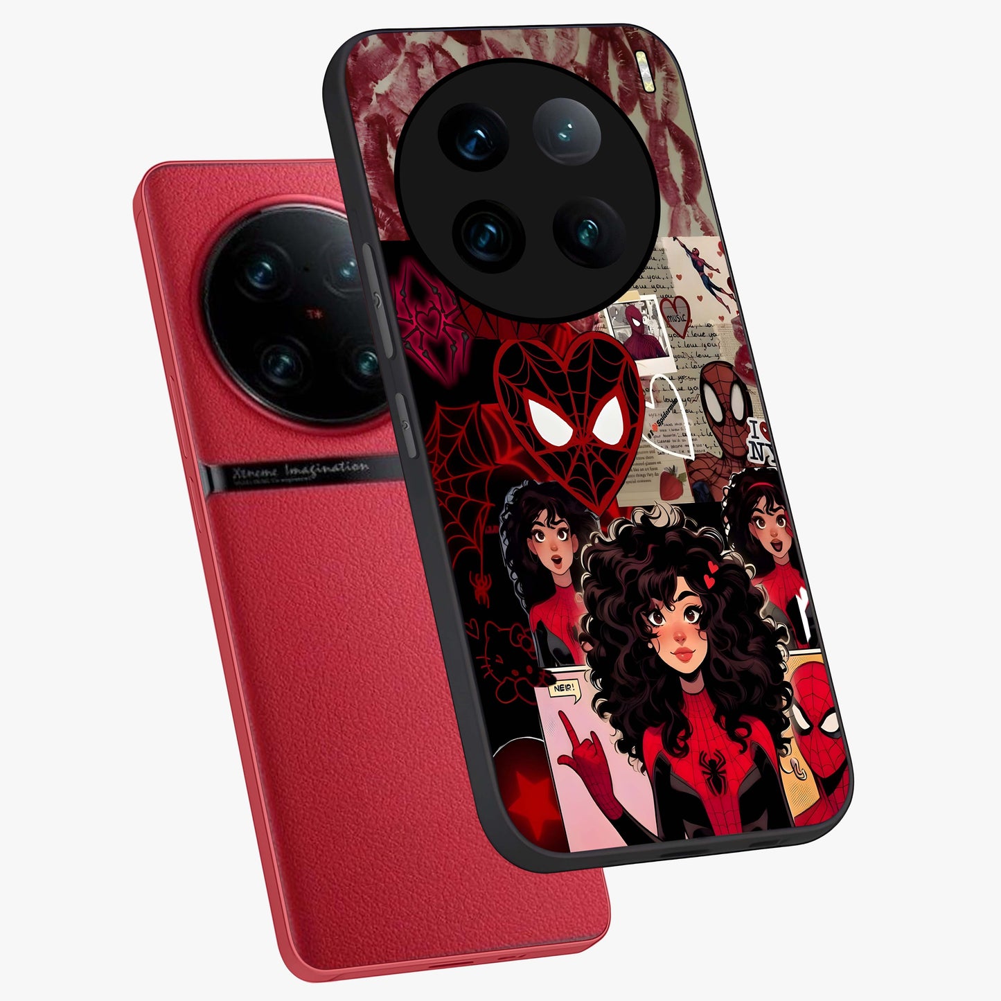 Spider Love Story Glass Case displayed in angled mockup highlighting expressive comic inspired design with playful aesthetic.