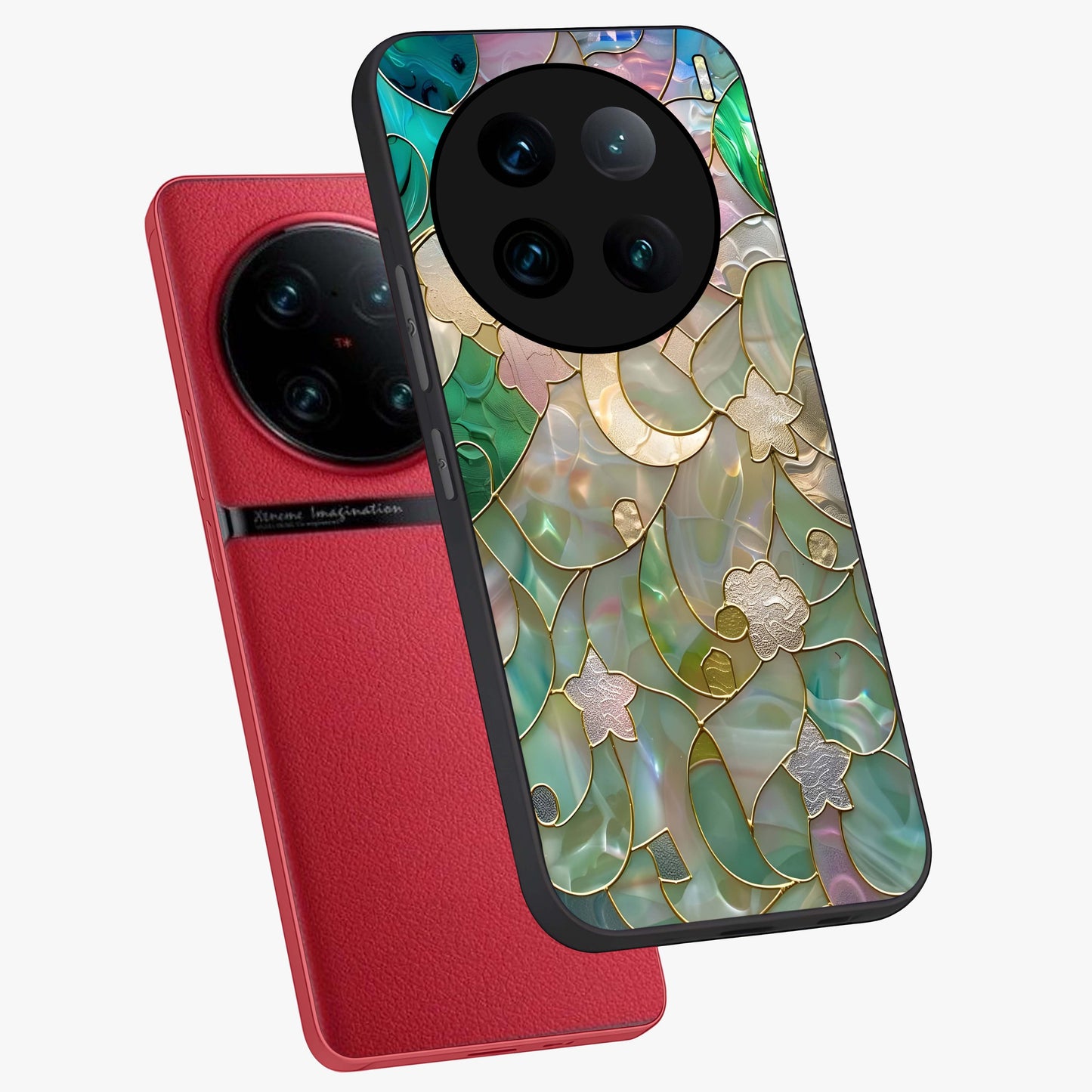 Stained Sunrise Glow Glass Case displayed in angled mockup highlighting radiant sunrise design with artistic aesthetic style.