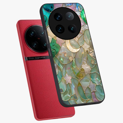 Stained Sunrise Glow Glass Case displayed in angled mockup highlighting radiant sunrise design with artistic aesthetic style.