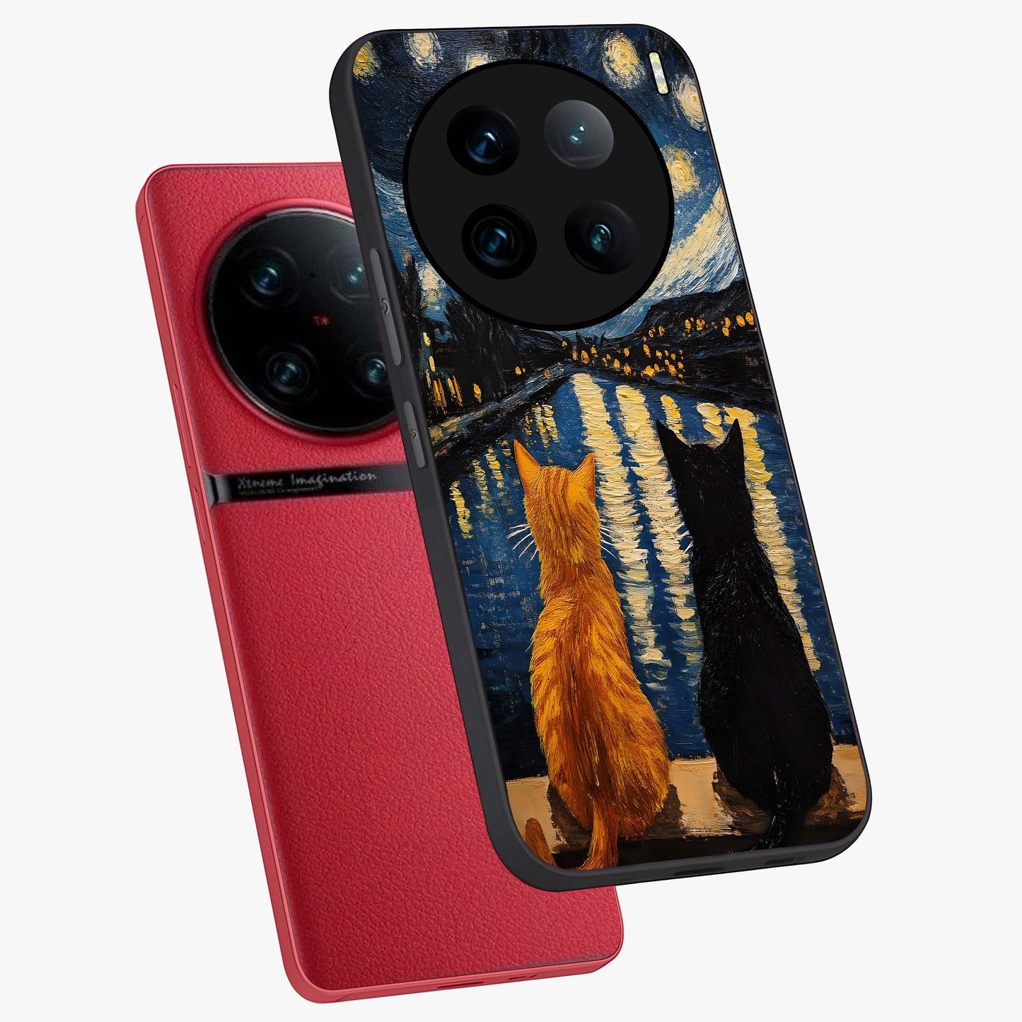 Starry River Cats Glass Case displayed in angled mockup highlighting charming feline illustration with dreamy night aesthetic.