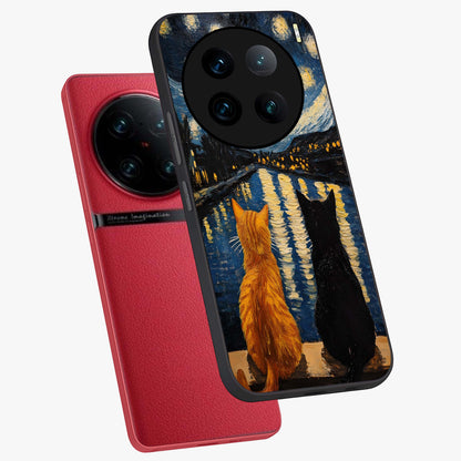 Starry River Cats Glass Case displayed in angled mockup highlighting charming feline illustration with dreamy night aesthetic.