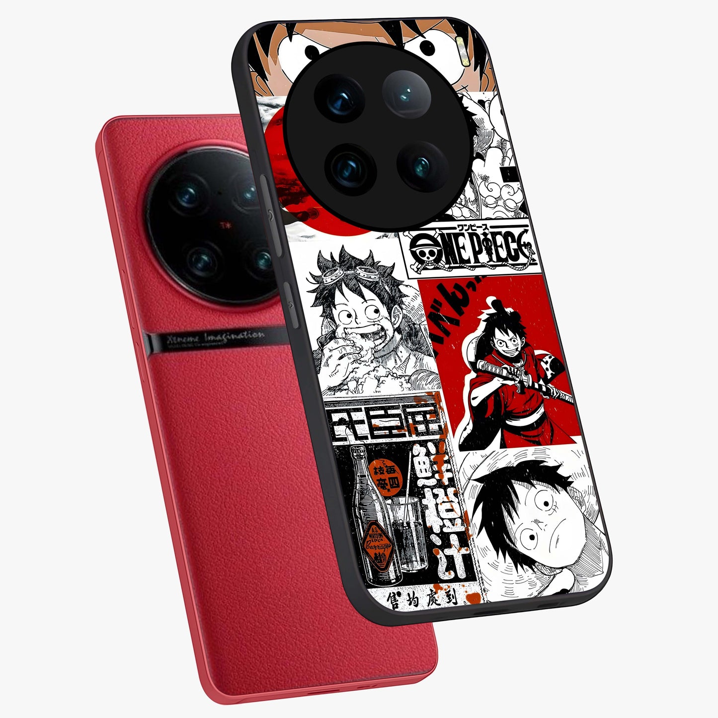 Strawhat Chaos Panels Glass Case displayed in angled mockup highlighting vibrant anime collage design with action aesthetic.