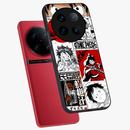 Strawhat Chaos Panels Glass Case displayed in angled mockup highlighting vibrant anime collage design with action aesthetic.