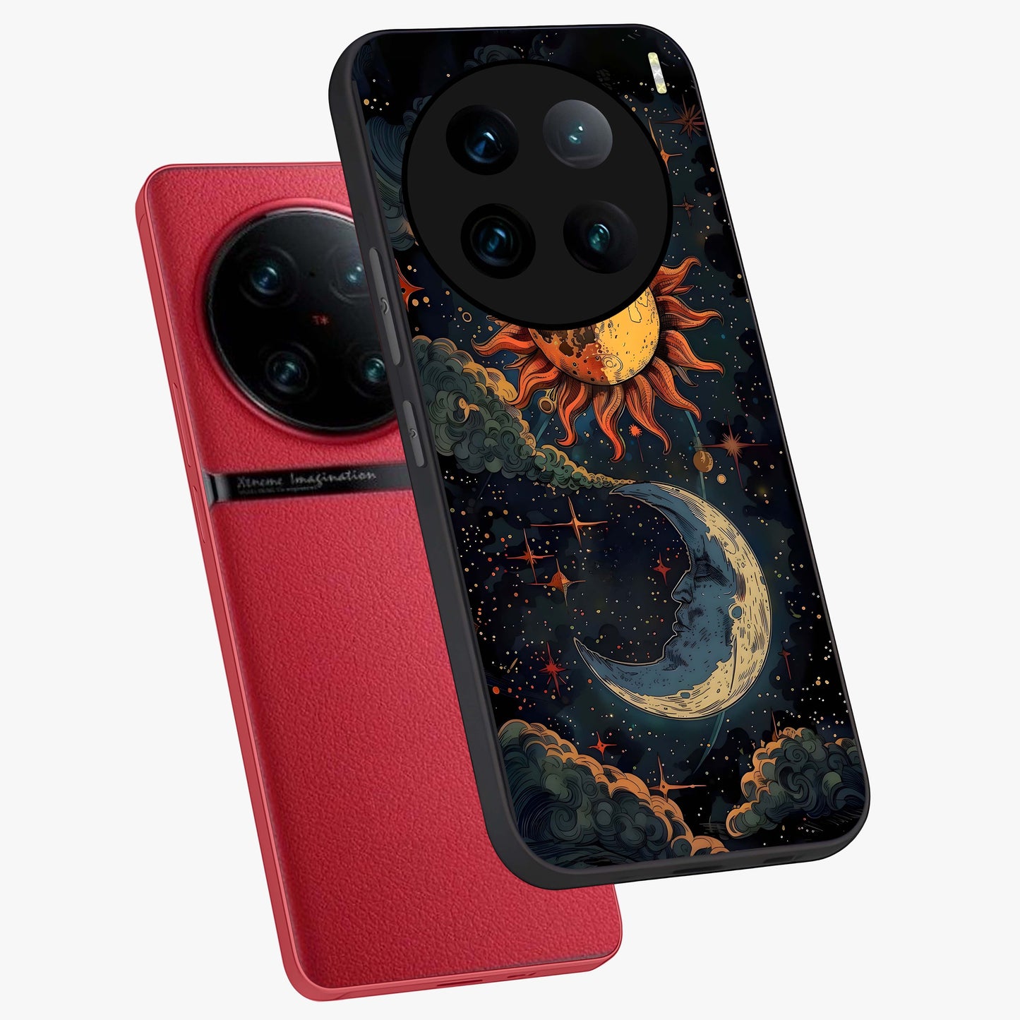 Sun And Moon Magic Design Glass Case displayed in angled mockup highlighting celestial design with magical cosmic aesthetic.