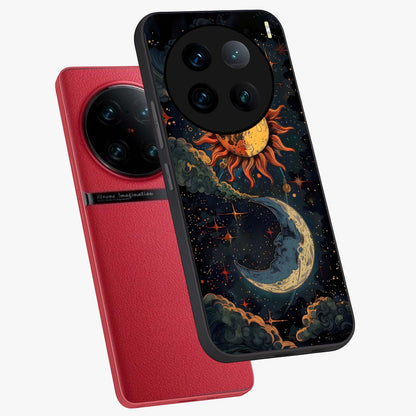 Sun And Moon Magic Design Glass Case displayed in angled mockup highlighting celestial design with magical cosmic aesthetic.