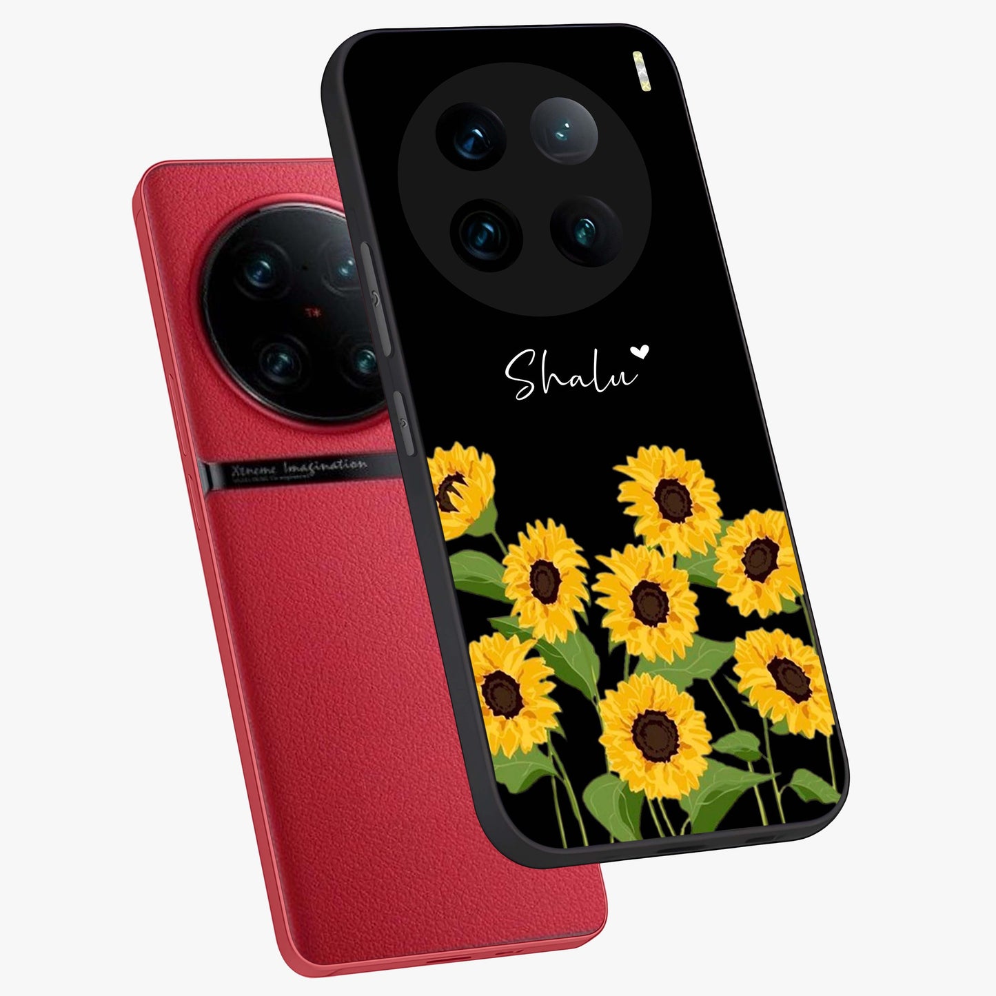 Sunflower Chic Mood Custom Name Glass Case displayed in angled mockup highlighting vibrant sunflower design with custom name feature.