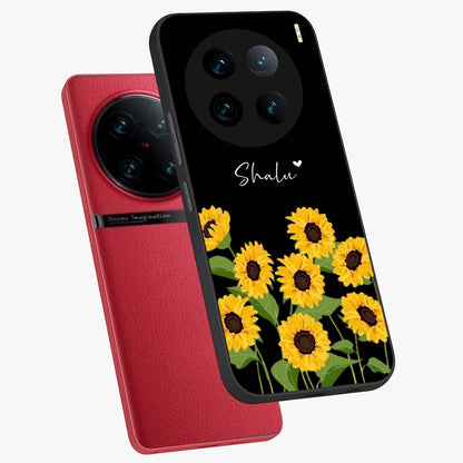 Sunflower Chic Mood Custom Name Glass Case displayed in angled mockup highlighting vibrant sunflower design with custom name feature.