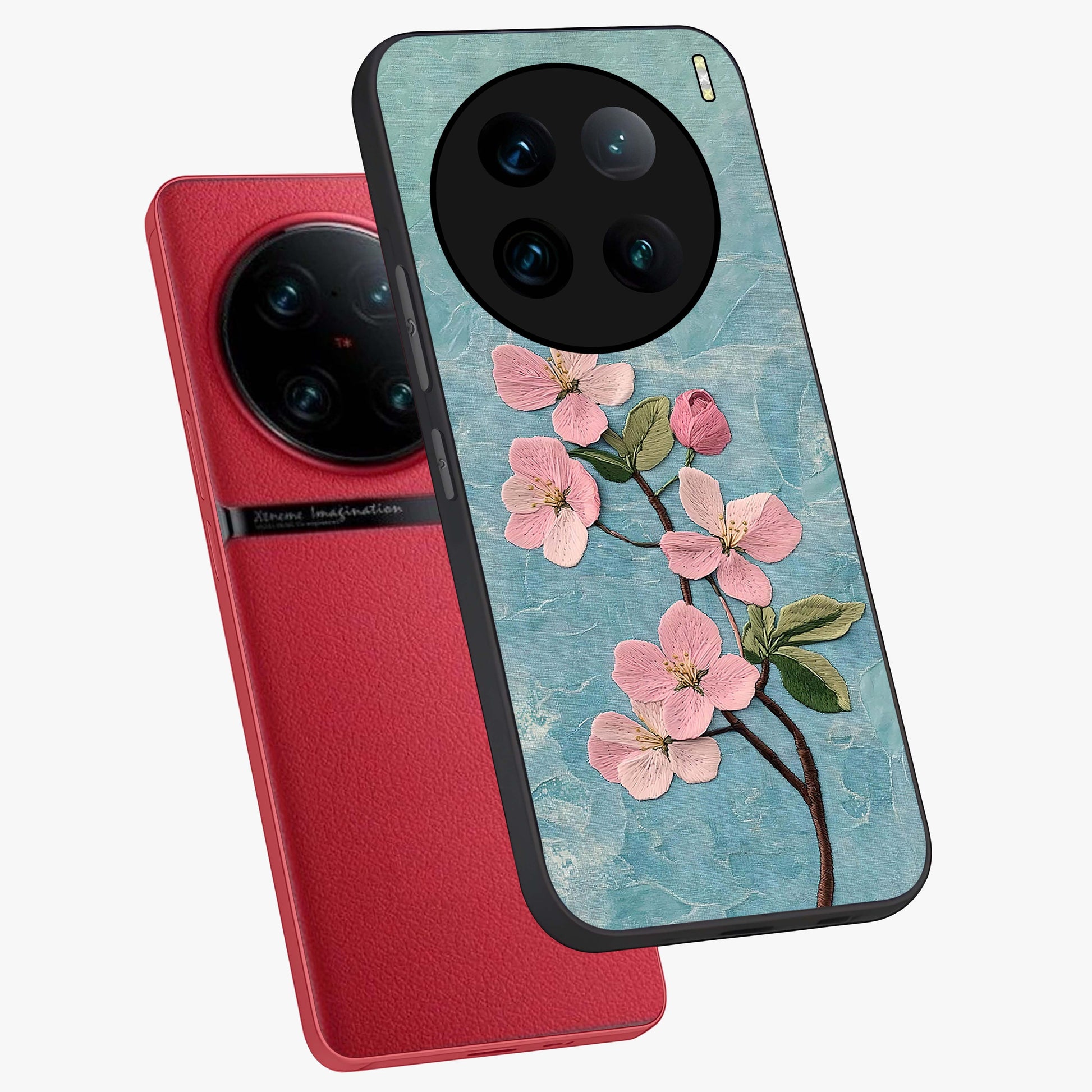 Threaded Blossom Breeze Glass Case displayed in angled mockup highlighting elegant floral design with soft aesthetic style.
