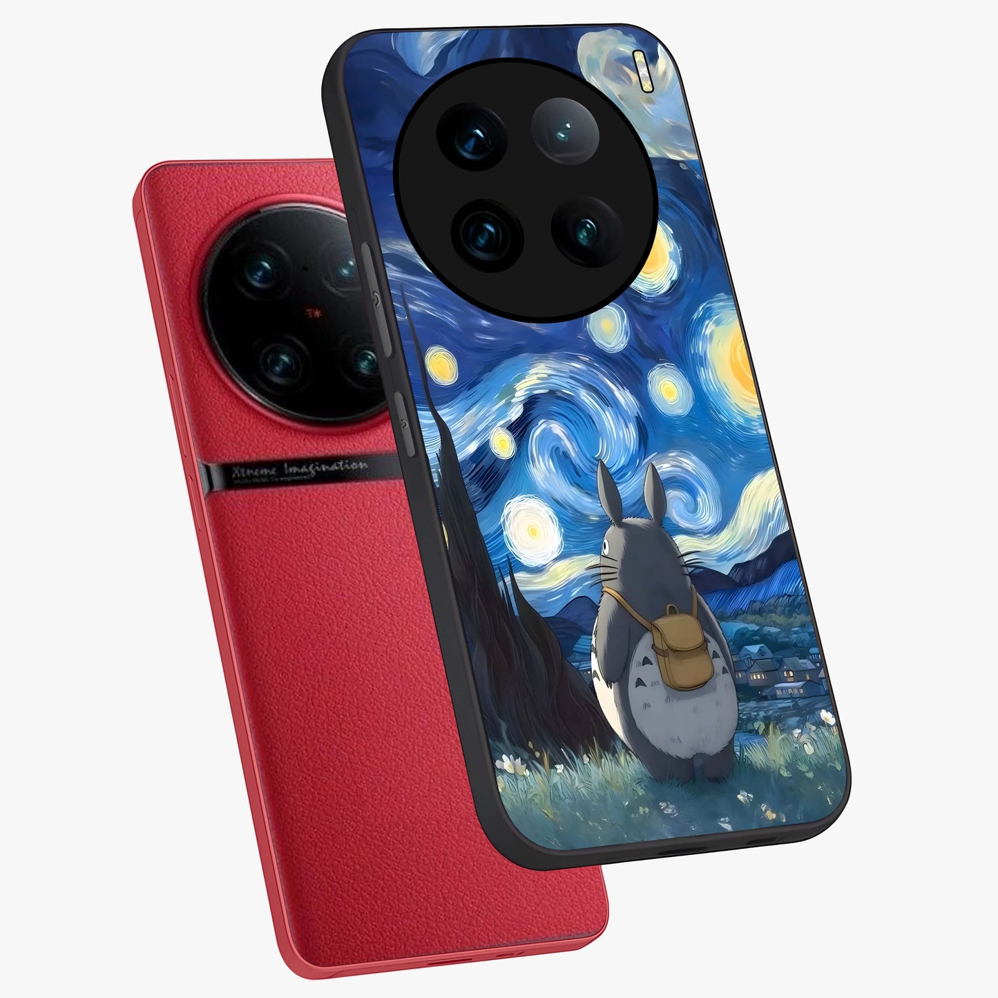 Totoro In Van Gogh Art Glass Case displayed in angled mockup highlighting artistic swirling sky design with playful animation aesthetic.