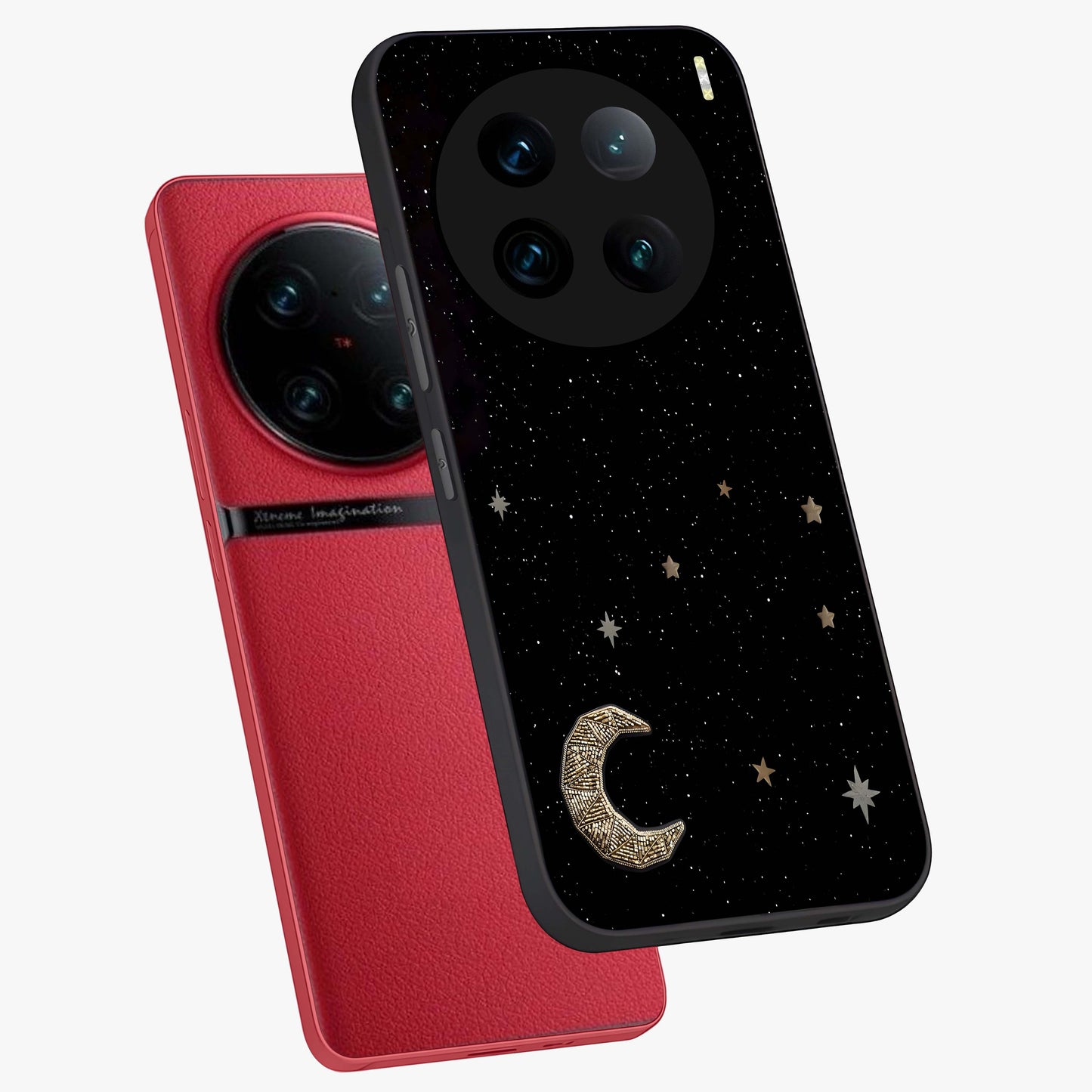 Twinkle Star With Half Moon Glass Case displayed in angled mockup highlighting celestial moon and star design with magical aesthetic.