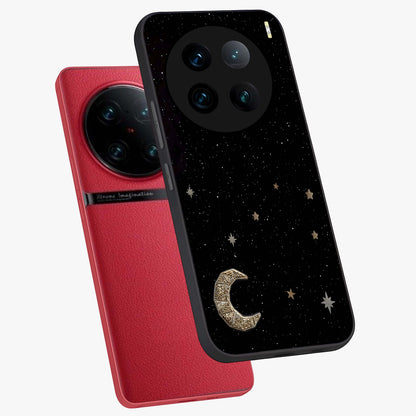 Twinkle Star With Half Moon Glass Case displayed in angled mockup highlighting celestial moon and star design with magical aesthetic.