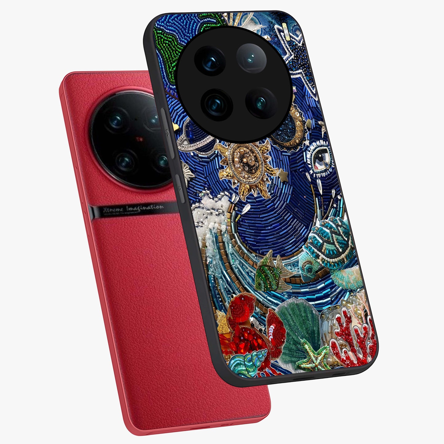 Universe Underwater Spark Glass Case displayed in angled mockup highlighting glowing aquatic design with celestial aesthetic.