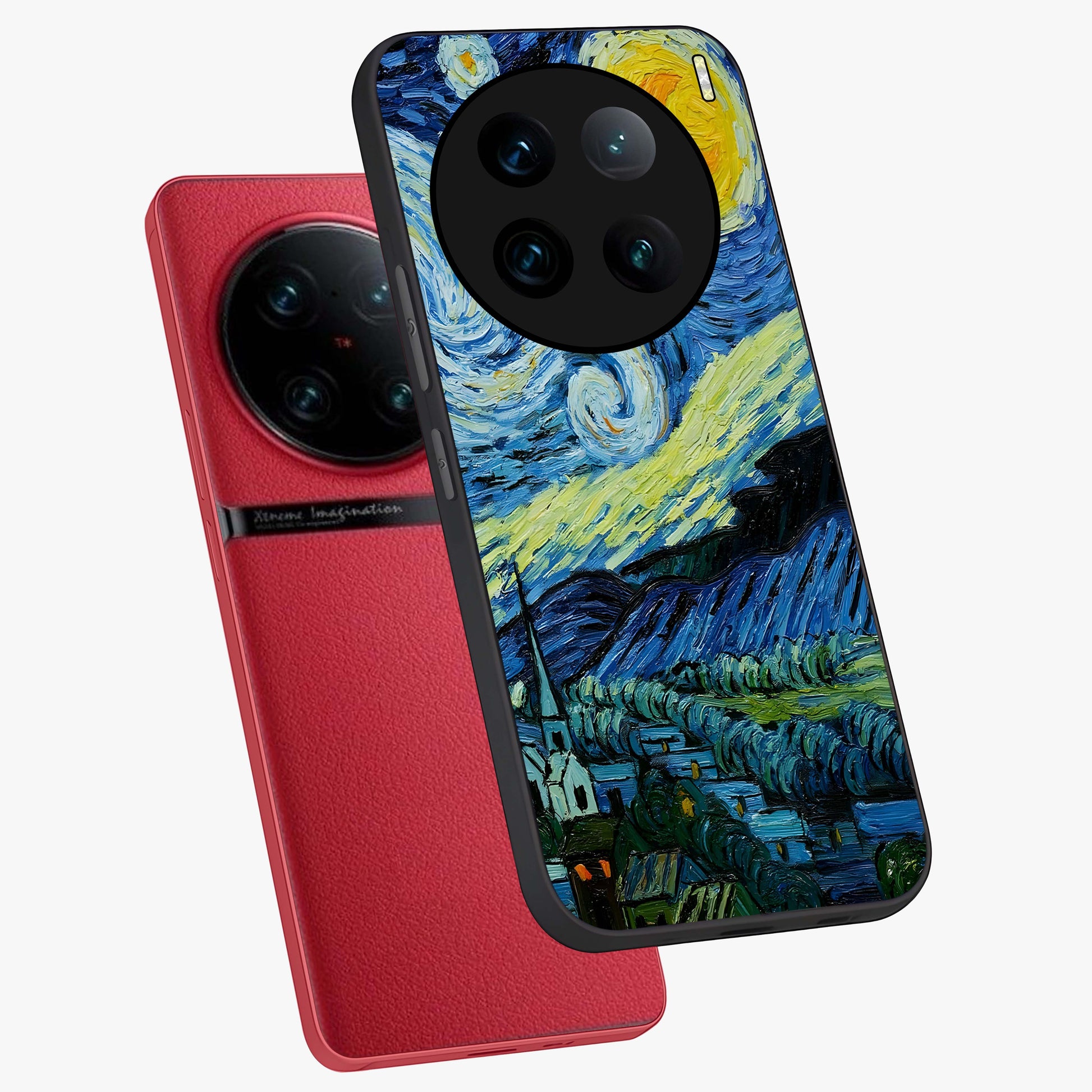 Van Gogh Art Glass Case displayed in angled mockup highlighting swirling brushstroke design with artistic aesthetic.