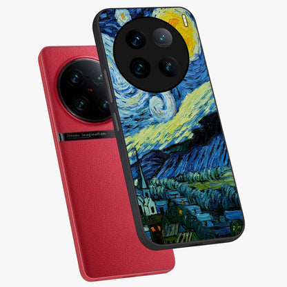 Van Gogh Art Glass Case displayed in angled mockup highlighting swirling brushstroke design with artistic aesthetic.