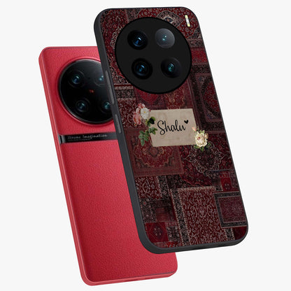 Velvet Wine Pattern Custom Name Glass Case displayed in angled mockup highlighting decorative velvet inspired design with custom name feature.