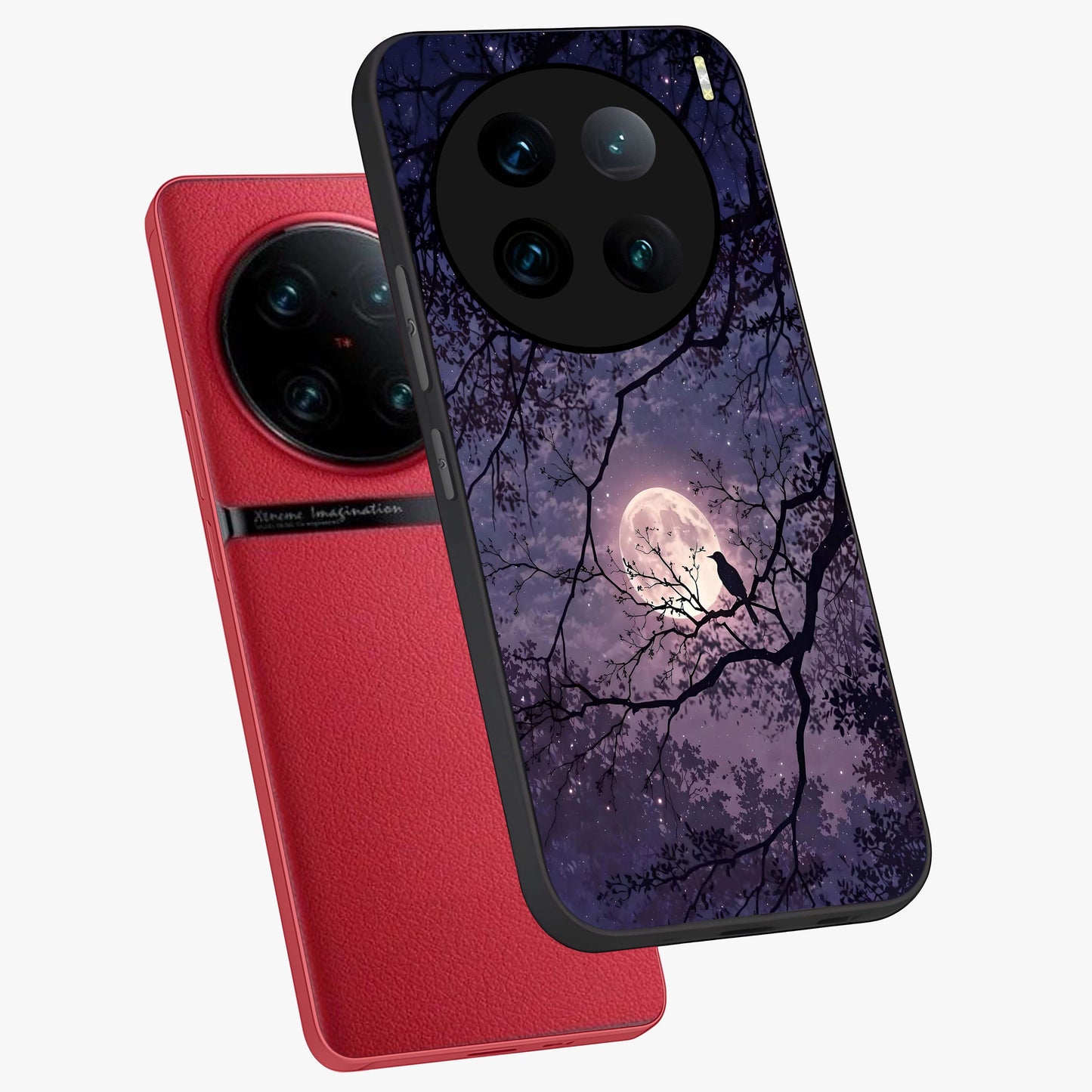 Whispering Moon Silence Glass Case displayed in angled mockup highlighting calm lunar design with dreamy night aesthetic.