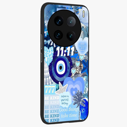 Aesthetic Be Kind Eye Glass Case upright view showcasing stylish eye illustration with positive message theme.