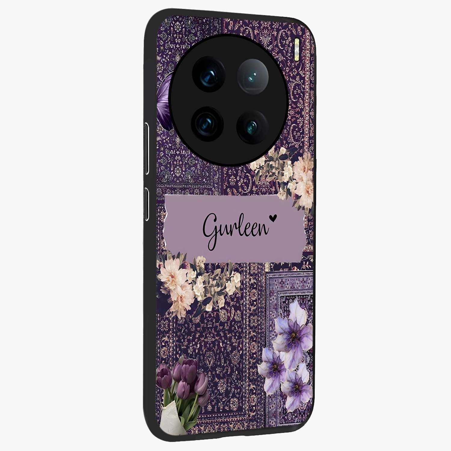 Antique Floral Whisper Custom Name Glass Case upright view showcasing delicate floral artwork with custom name feature.