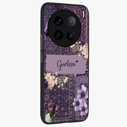 Antique Floral Whisper Custom Name Glass Case upright view showcasing delicate floral artwork with custom name feature.