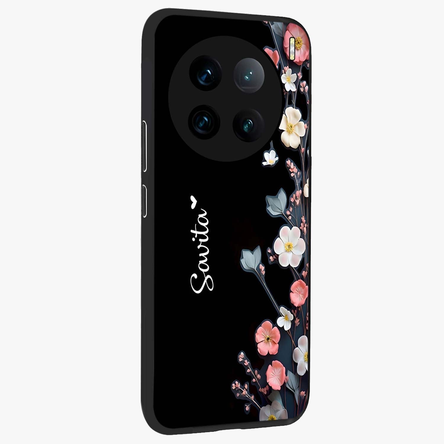 Black Elegance Floral Custom Name Glass Case upright view showcasing luxurious black floral design with personalized name detail.