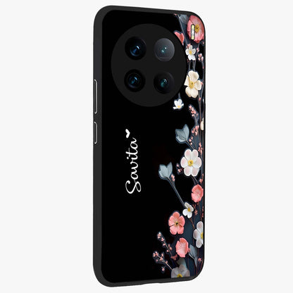 Black Elegance Floral Custom Name Glass Case upright view showcasing luxurious black floral design with personalized name detail.