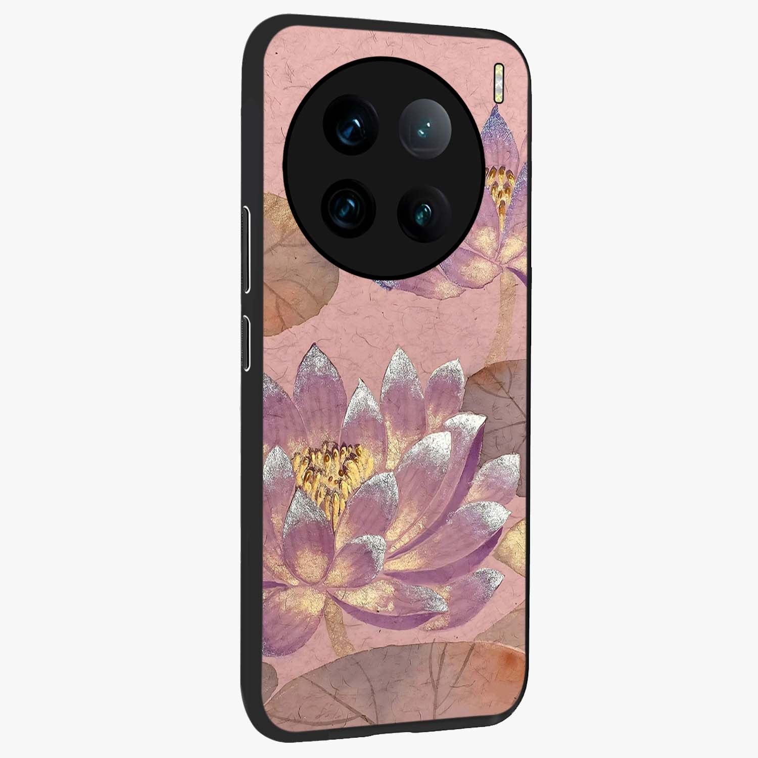 Blossom Mist Lotus Glass Case upright view showcasing graceful lotus flower design with peaceful botanical style.