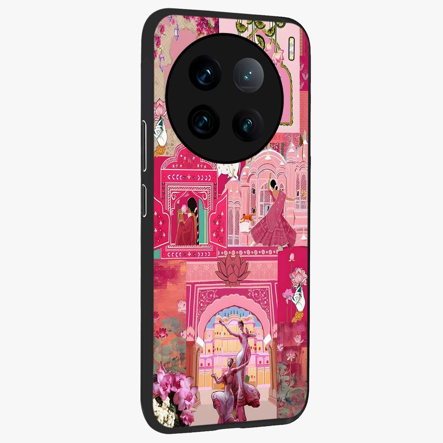 Blossoms of Rajasthan Glass Case upright view showcasing colorful floral design inspired by traditional Indian art.