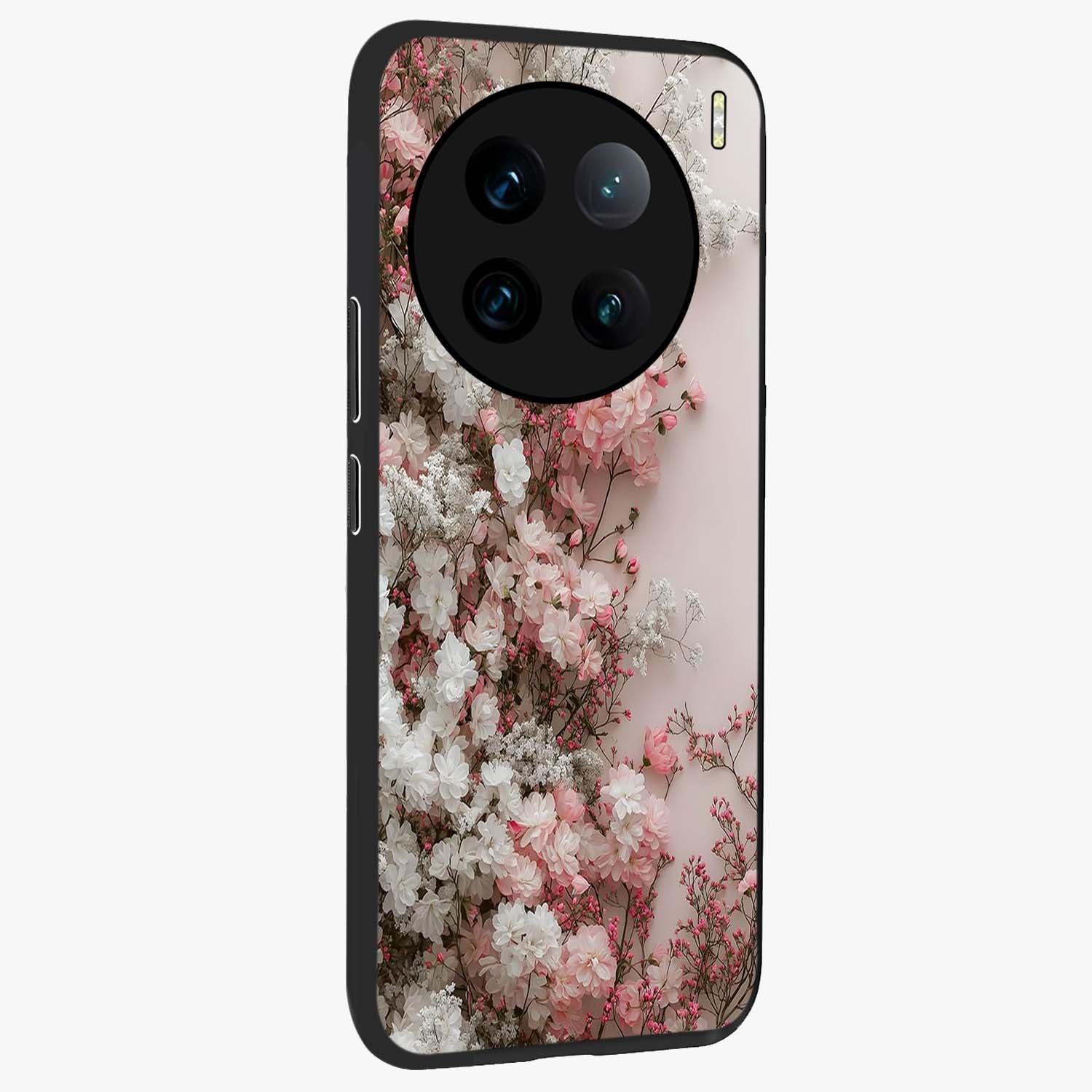 Blush Blossom Cloud Glass Case upright view showcasing calm floral cloud artwork with gentle dreamy theme.