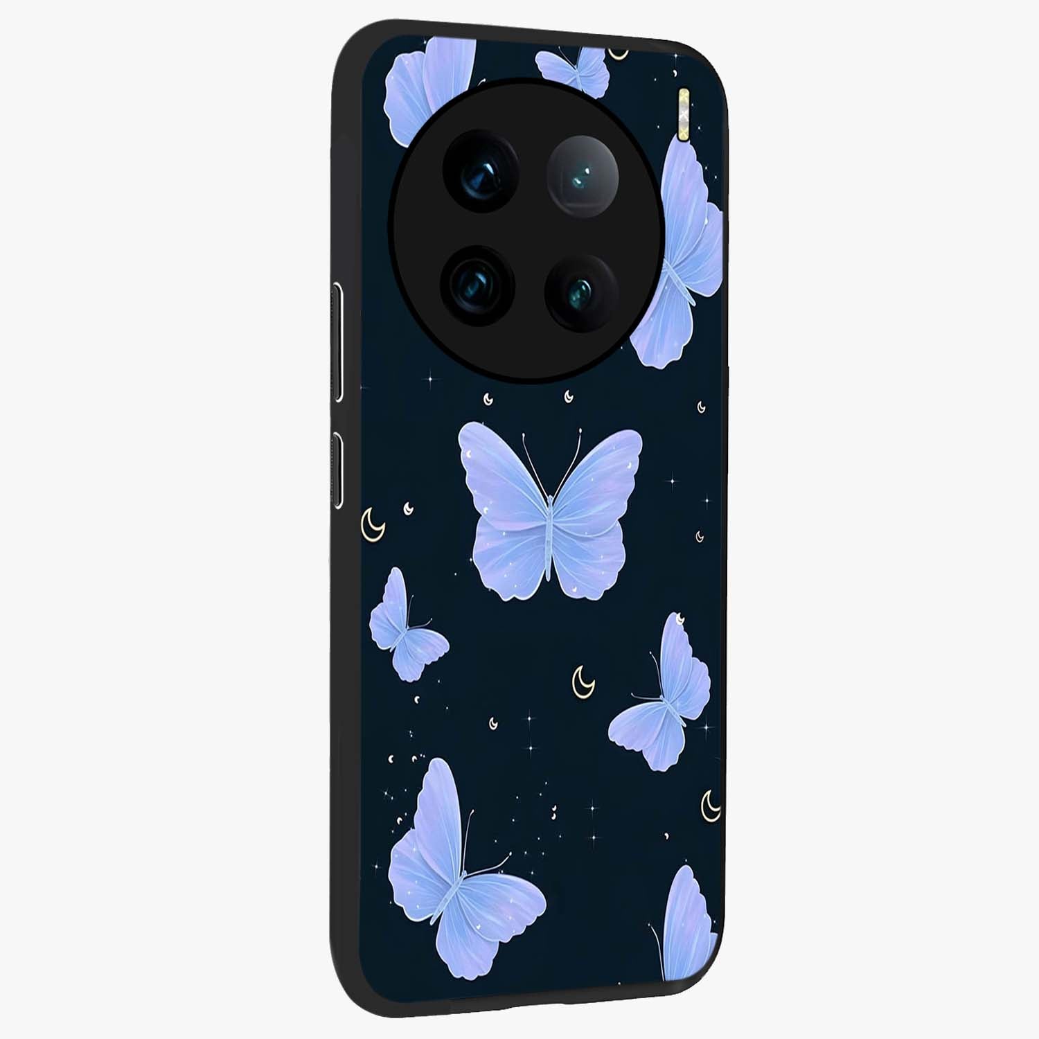 Butterfly With Stars Pattern Glass Case upright view showcasing celestial butterfly artwork with sparkling star elements.