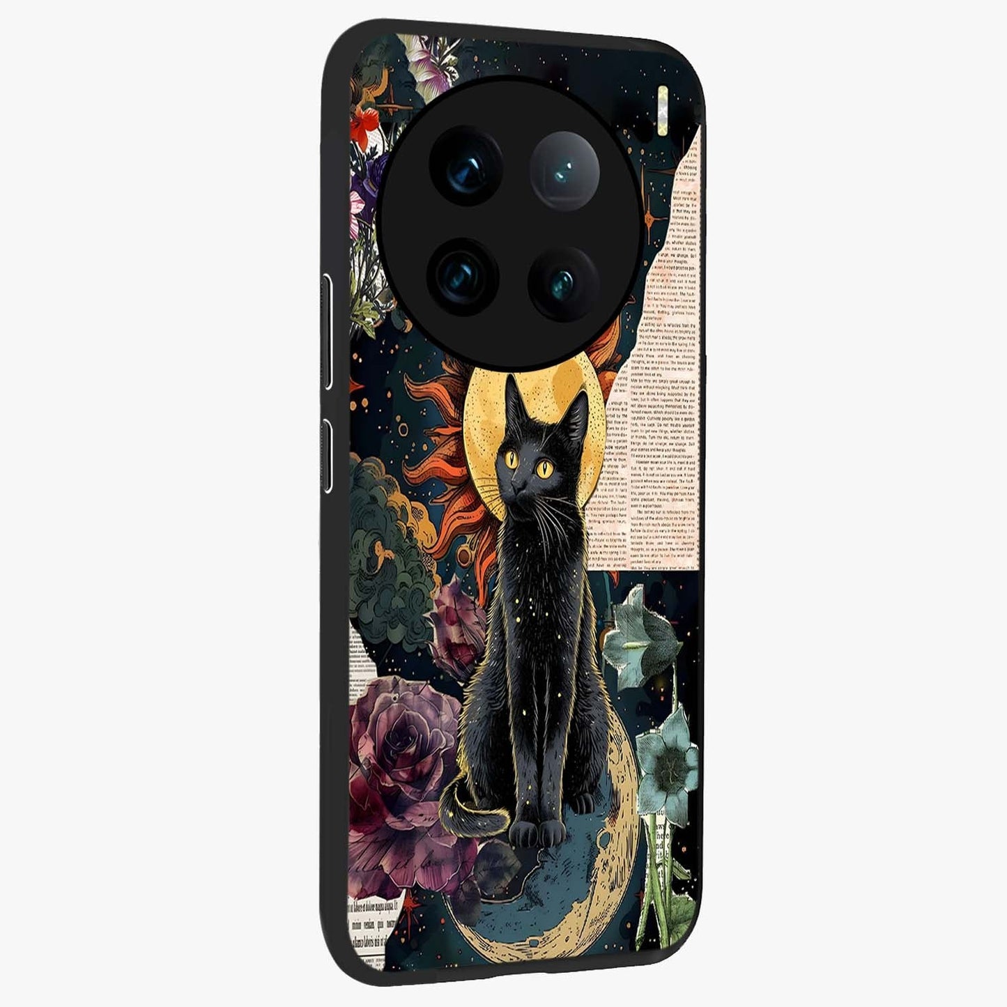 Celestial Black Cat Glass Case upright view showcasing magical black cat illustration with starry cosmic theme.