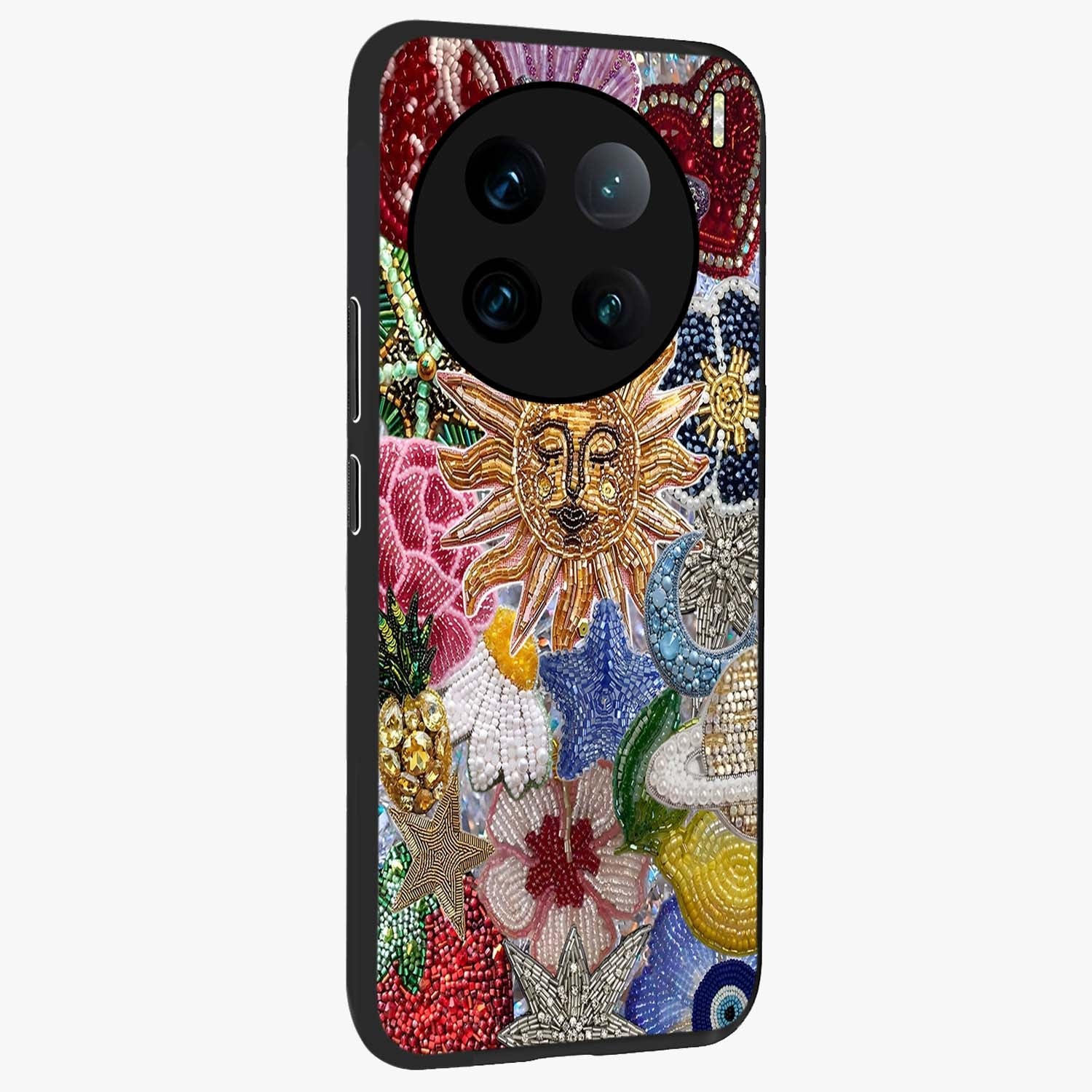 Celestial Floral and Playful Glass Case upright view showcasing whimsical floral artwork with cosmic aesthetic theme.