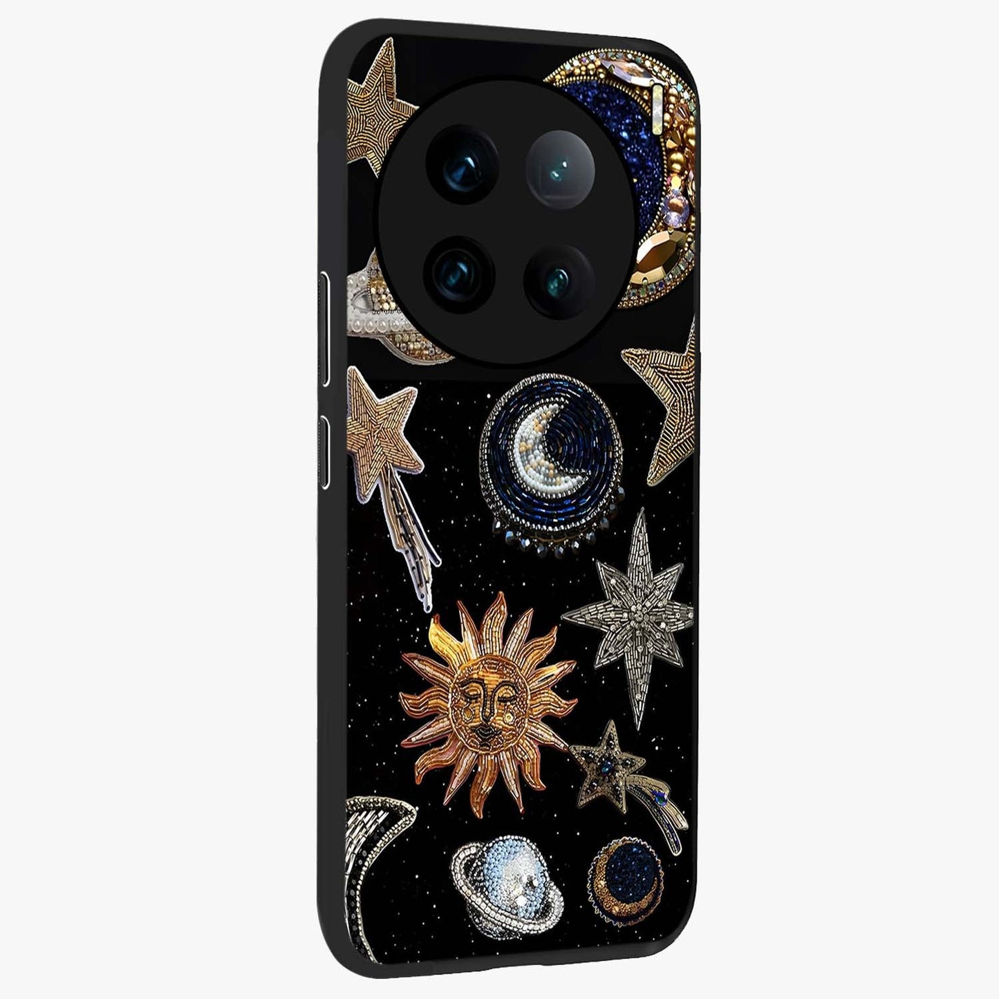 Celestial Gem Constellations Glass Case upright view showcasing cosmic constellation artwork with celestial aesthetic style.