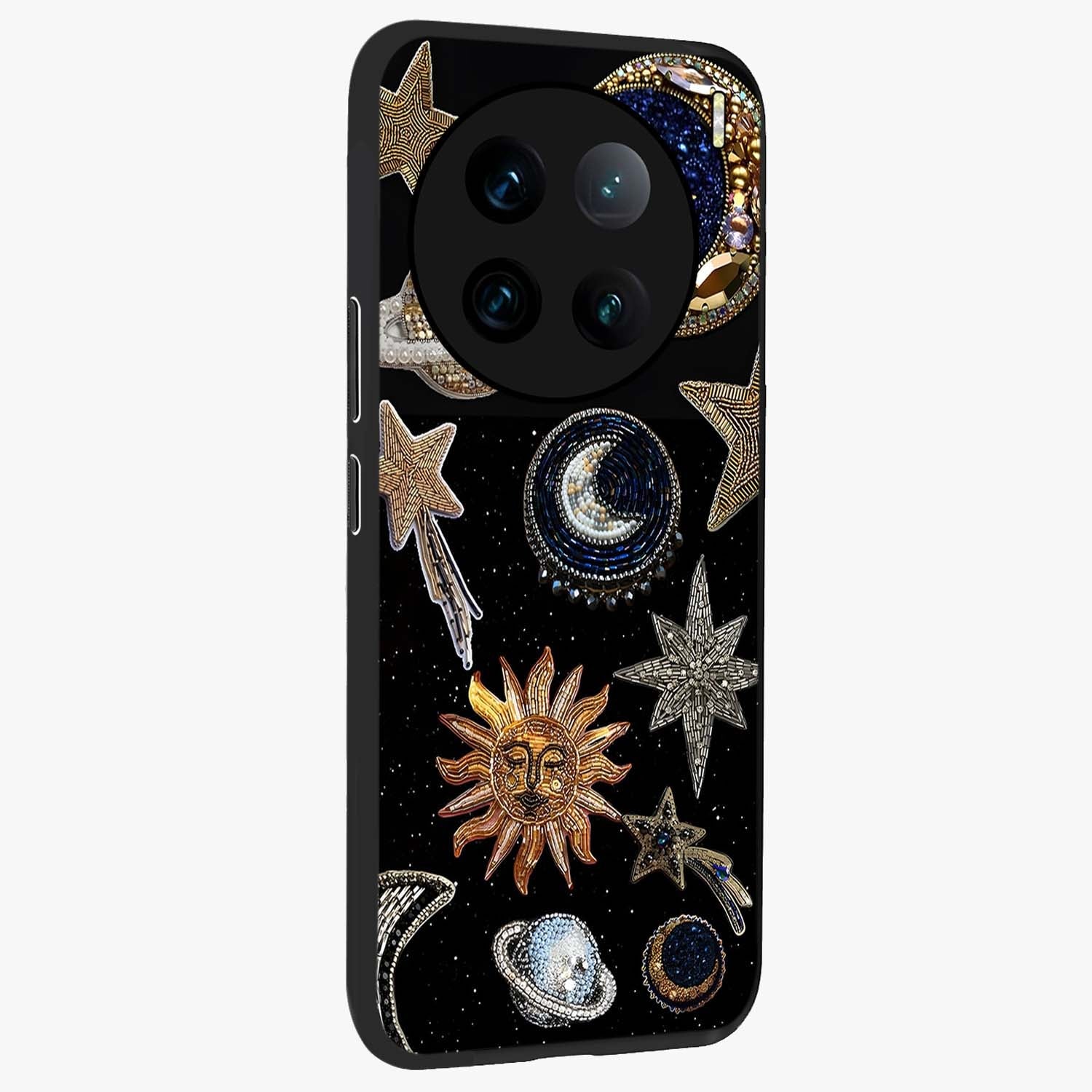 Celestial Gem Constellations Glass Case upright view showcasing cosmic constellation artwork with celestial aesthetic style.
