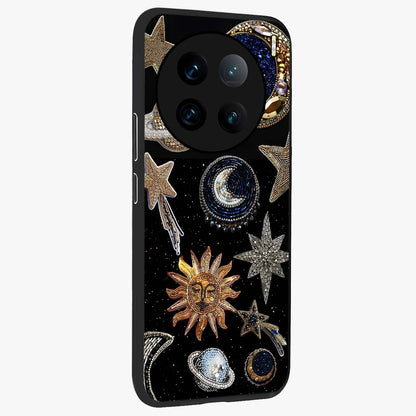Celestial Gem Constellations Glass Case upright view showcasing cosmic constellation artwork with celestial aesthetic style.