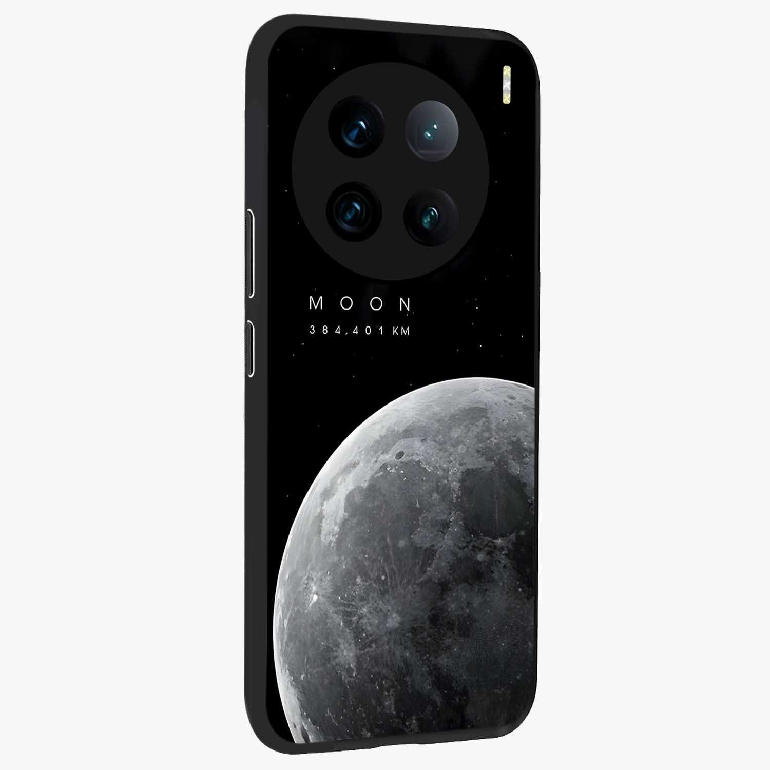 Cosmic Moon Glow Glass Case upright view showcasing luminous moon illustration with dreamy cosmic style.