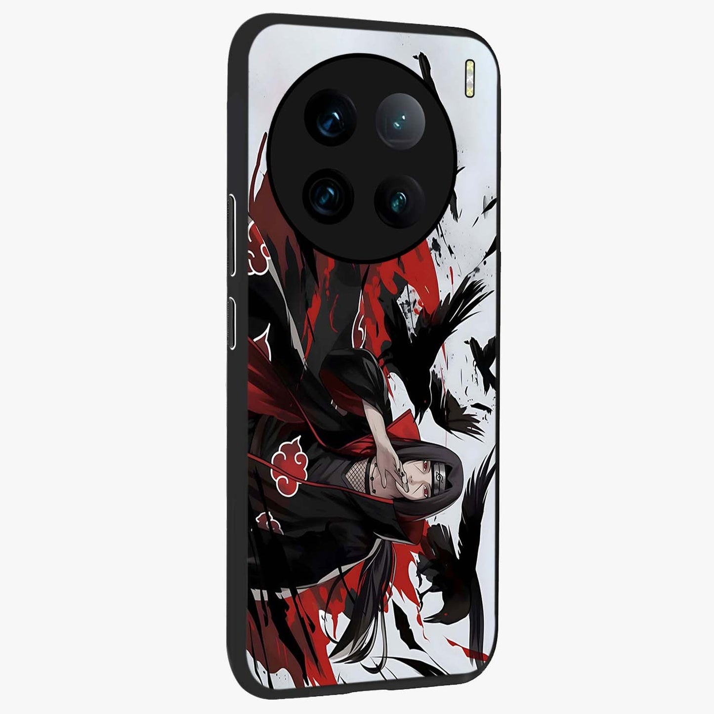 Crimson Crow Illusion Glass Case upright view showcasing striking crow illusion artwork with intense crimson theme.