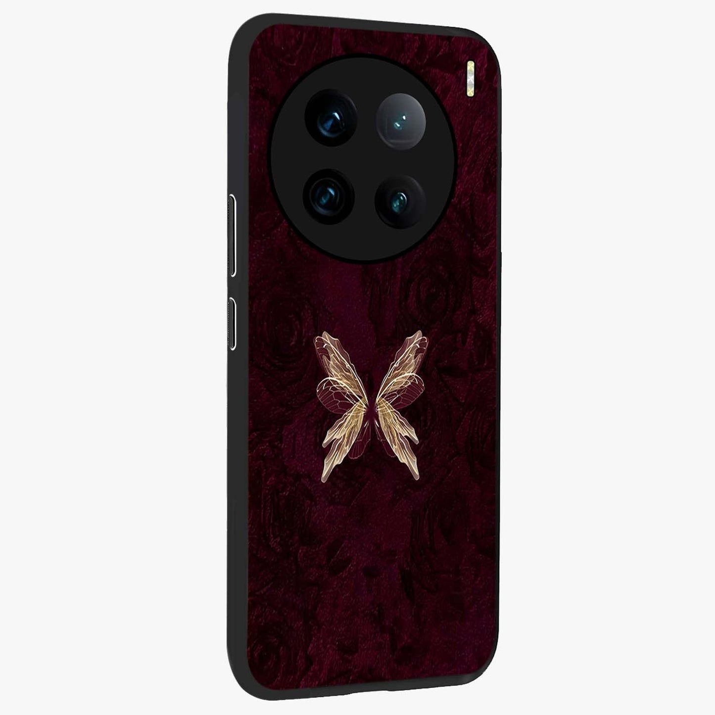 Crimson Fade Butterfly Glass Case upright view showcasing graceful butterfly artwork with soft crimson fade effect.