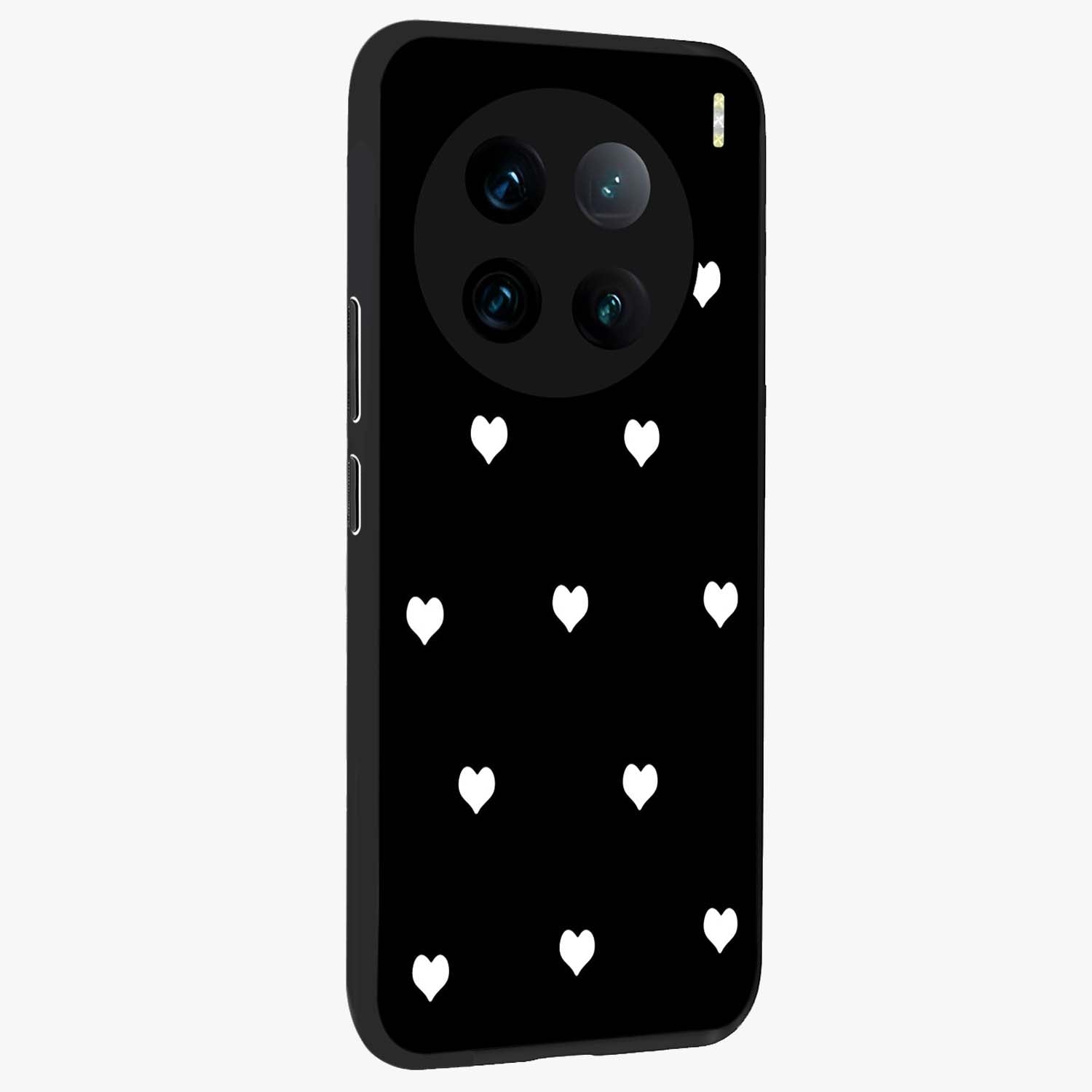 Cute And Simple White Hearts Glass Case upright view showcasing simple white hearts artwork with soft minimal theme.