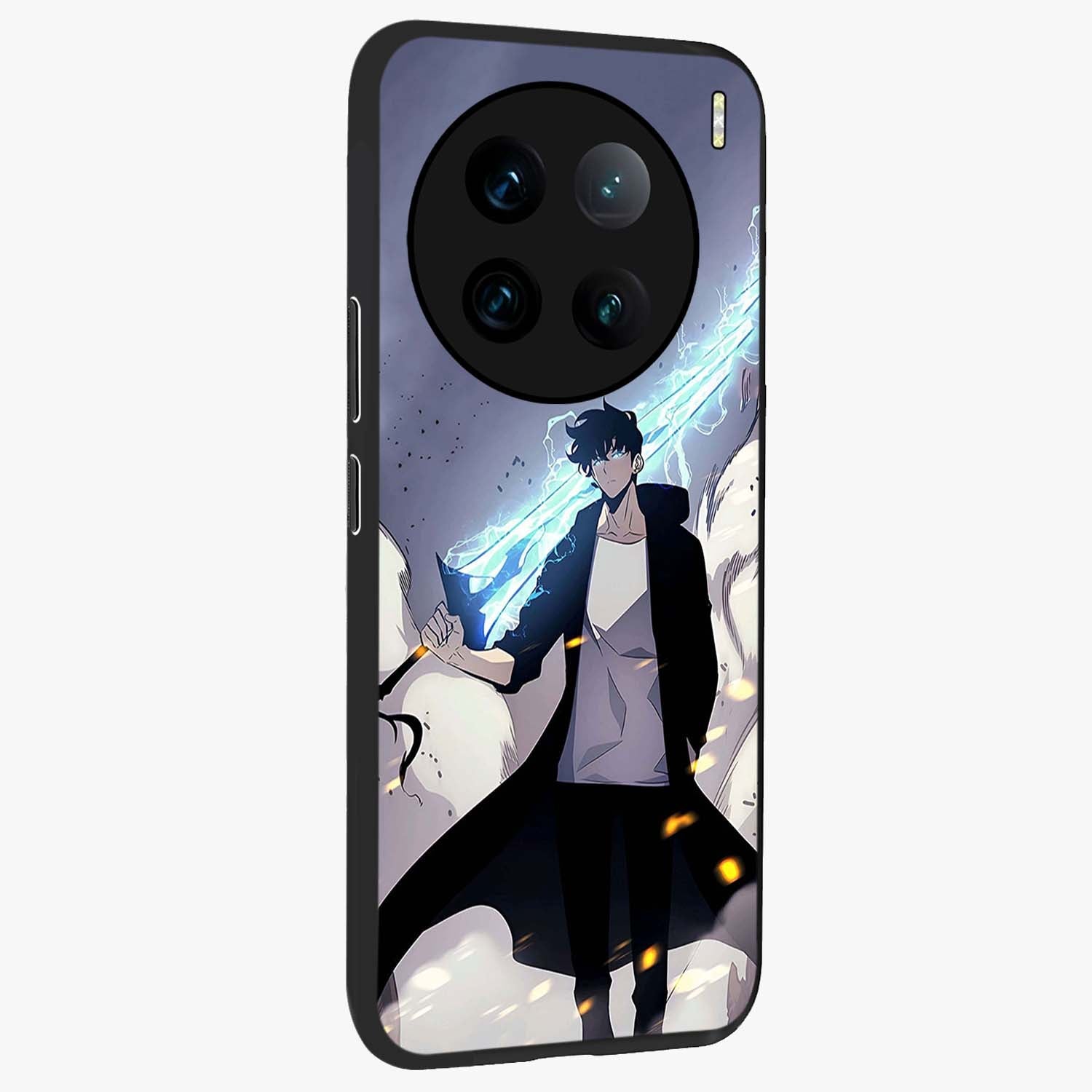 Dark Lightning Anime Warrior Glass Case upright view showcasing dramatic warrior artwork with dark lightning aesthetic.