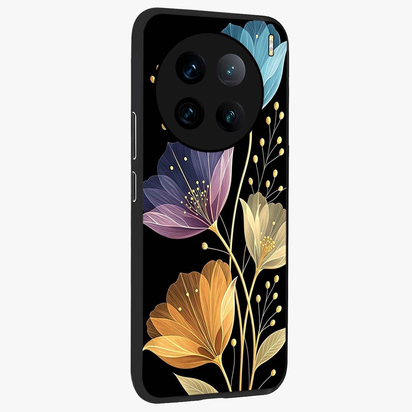 Delicate Multicolor Flowers Glass Case upright view showcasing delicate floral artwork with bright botanical theme.