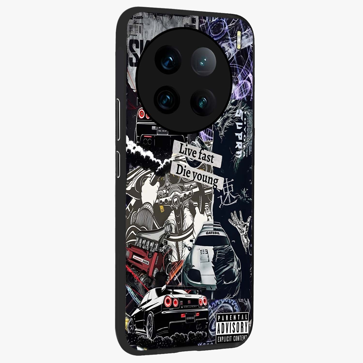 Die Young Glass Case upright view showcasing striking typography artwork with modern statement theme.