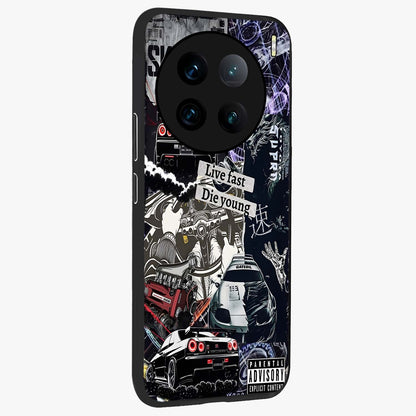 Die Young Glass Case upright view showcasing striking typography artwork with modern statement theme.