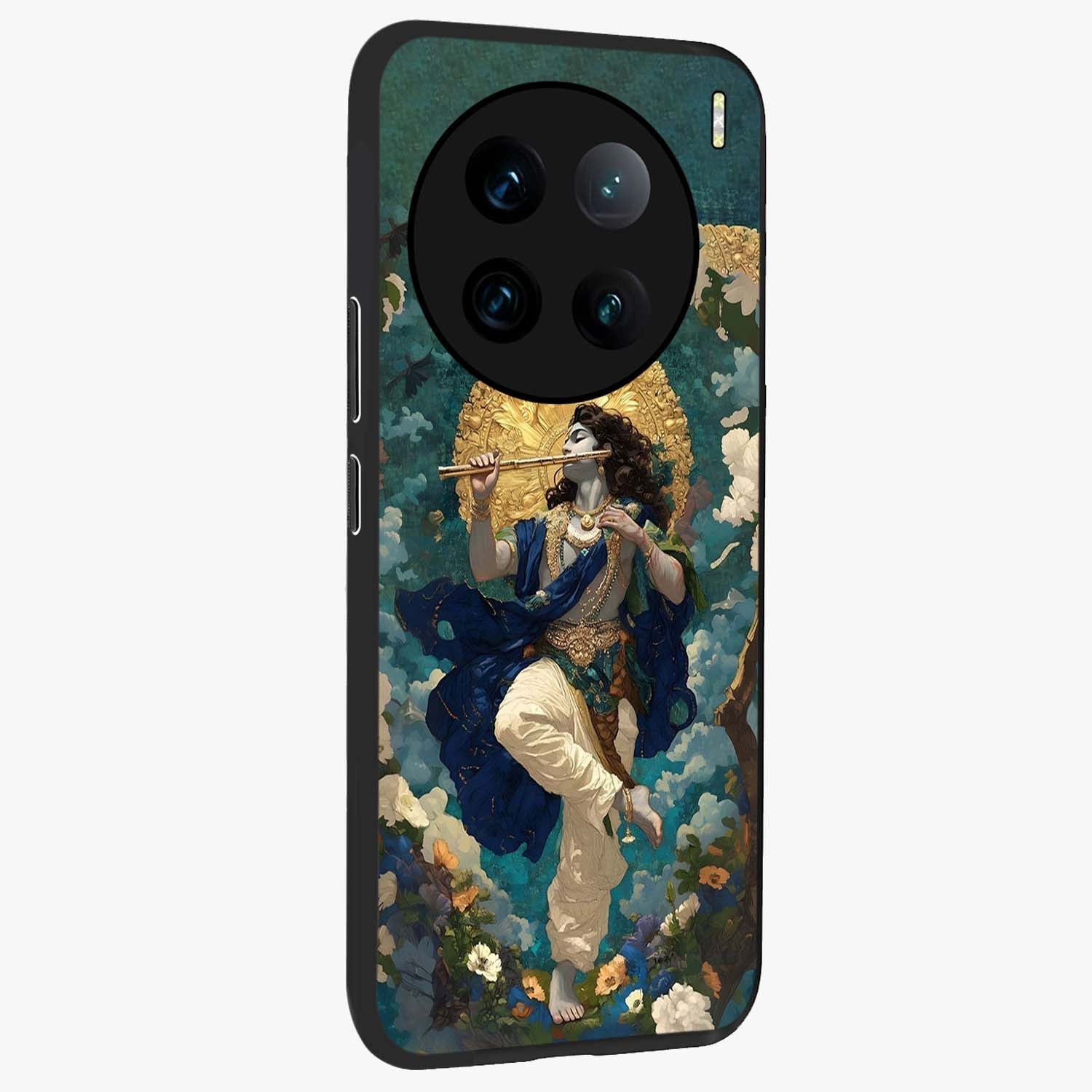 Divine Krishna Art Glass Case upright view showcasing divine Krishna artwork with sacred artistic theme.