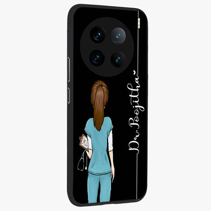 Doctor Pattern Custom Name Glass Case upright view showcasing healthcare themed design with personalized aesthetic.