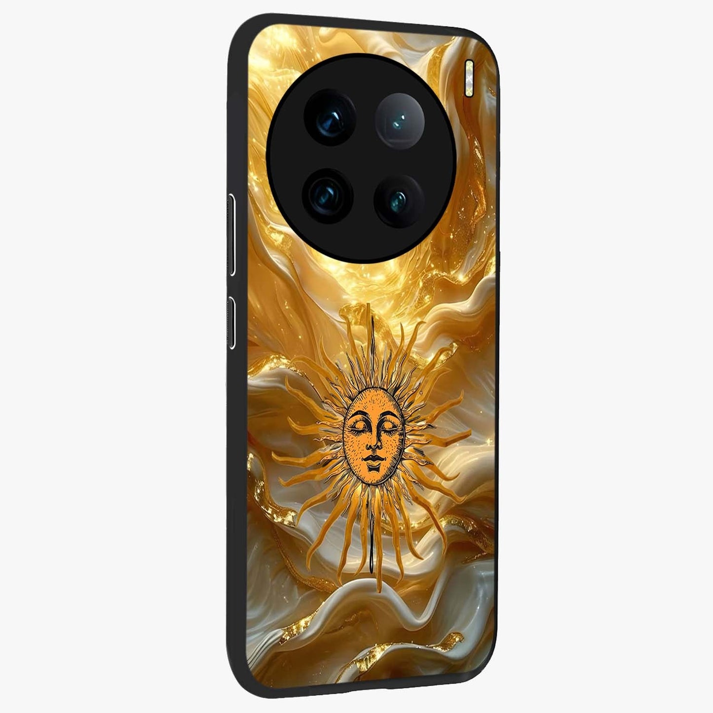 Eternal Golden Glow Glass Case upright view showcasing luminous golden artwork with luxurious visual theme.
