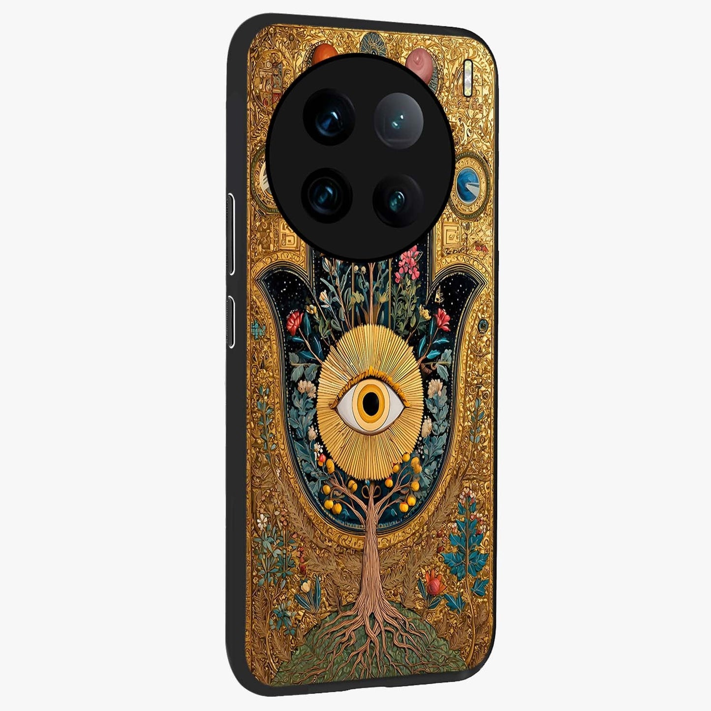 Ethereal Evil Eye Glass Case upright view showcasing celestial evil eye artwork with mystical theme.