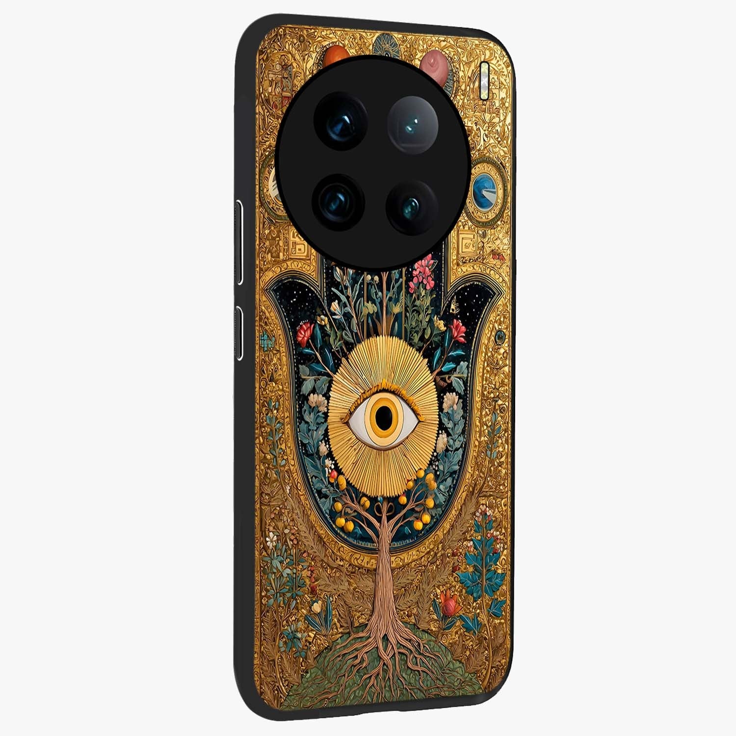 Ethereal Evil Eye Glass Case upright view showcasing celestial evil eye artwork with mystical theme.