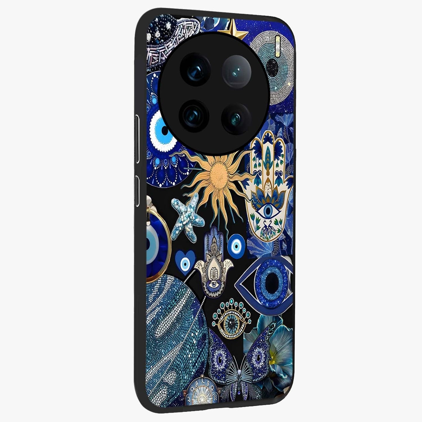 Evil Eye Charm Mix Glass Case upright view showcasing mystical evil eye pattern with vibrant decorative style.