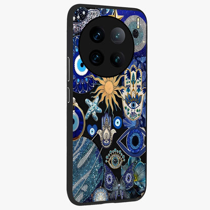 Evil Eye Charm Mix Glass Case upright view showcasing mystical evil eye pattern with vibrant decorative style.