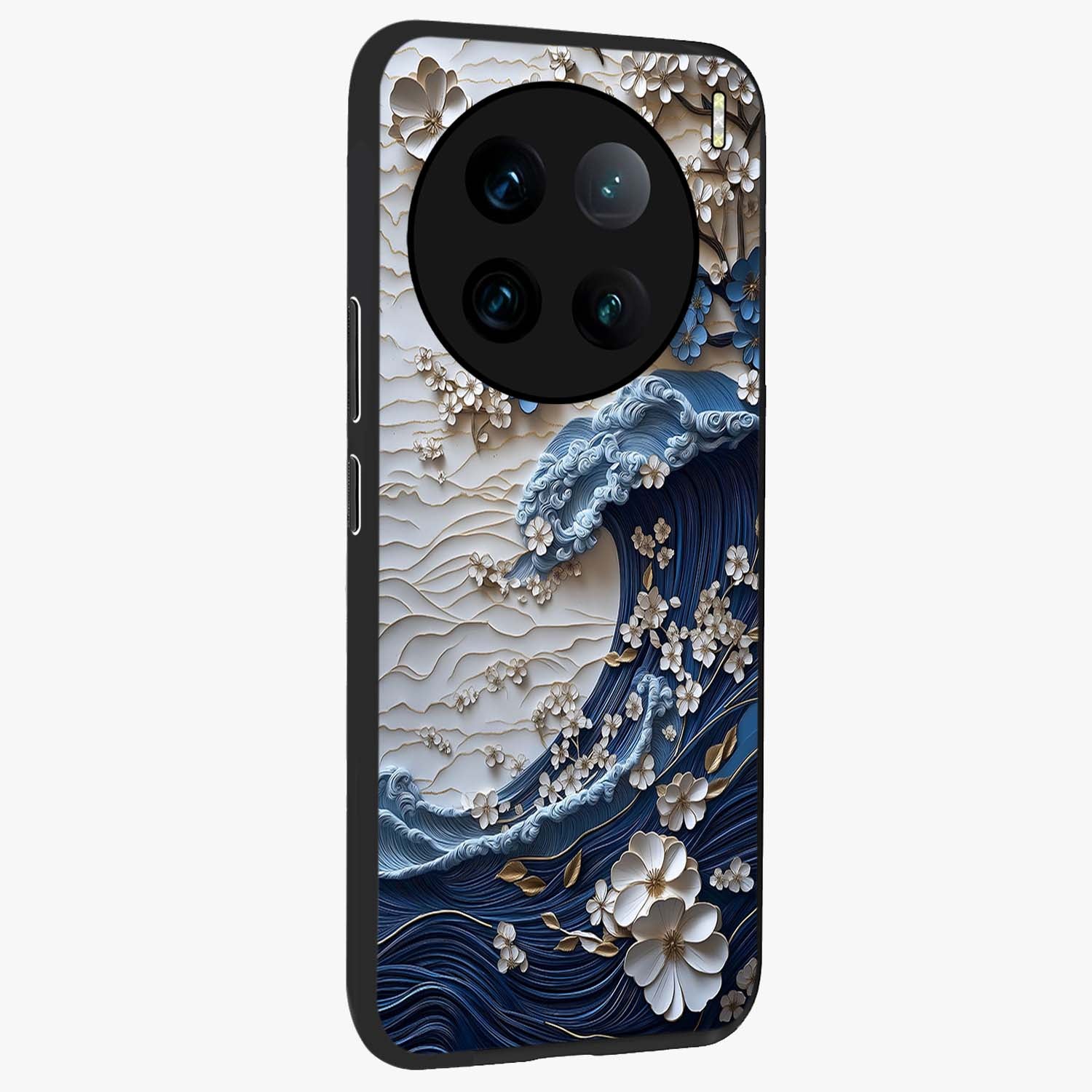 Floral Wave Origami Glass Case upright view showcasing creative floral origami artwork with artistic decorative theme.